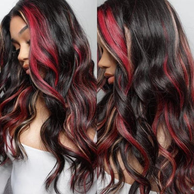 Highlight Black with Red & Blonde Straight/Body Wave 13x4 Lace Front Wig With Multi Color Highlights Loose Wave Human Hair Wigs - GeetaHair - GeetaHair