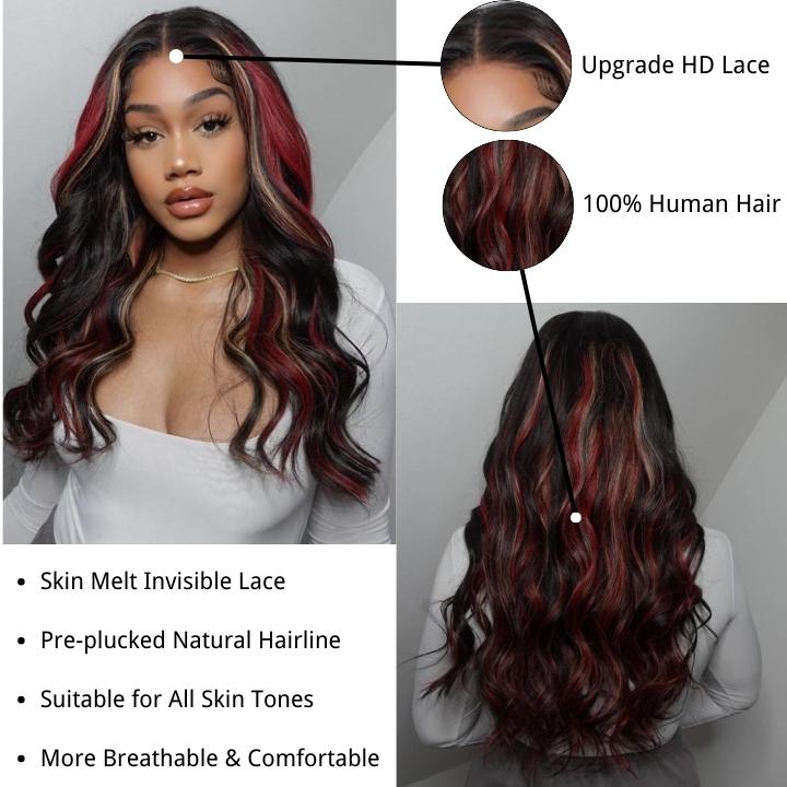 Highlight Black with Red & Blonde Straight/Body Wave 13x4 Lace Front Wig With Multi Color Highlights Loose Wave Human Hair Wigs - GeetaHair - GeetaHair