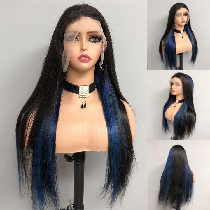 Funky Colored Wigs | Highlight Gemstone Blue Straight HD Transparent Lace Front Wig Natural look Beginner Friendly Glueless Human Hair Wigs - Geeta Hair - GeetaHair
