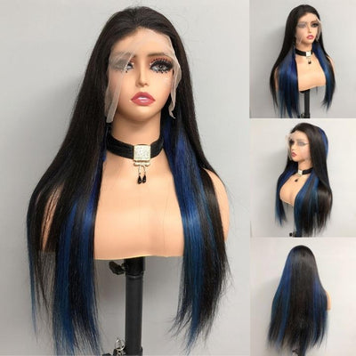 Funky Colored Wigs | Highlight Gemstone Blue Straight HD Transparent Lace Front Wig Natural look Beginner Friendly Glueless Human Hair Wigs - Geeta Hair - GeetaHair