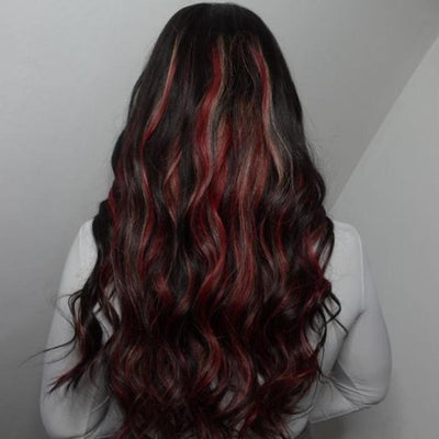 Highlight Black with Red & Blonde Straight/Body Wave 13x4 Lace Front Wig With Multi Color Highlights Loose Wave Human Hair Wigs - GeetaHair - GeetaHair