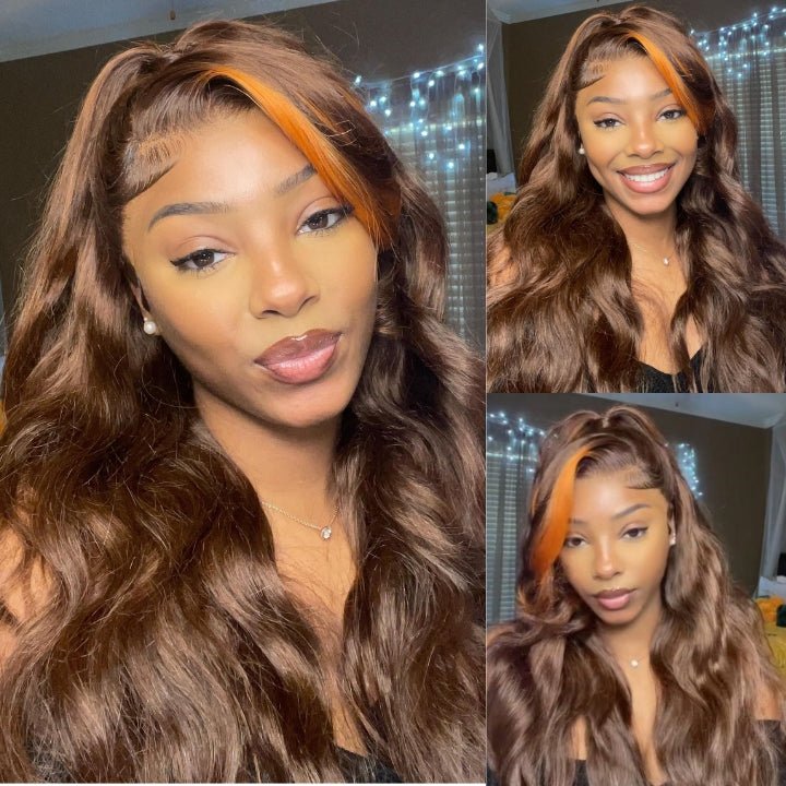 Money Piece Ginger Body Wave HD Transparent Lace Front Wigs Glueless Skunk Stripe Orange Human Hair Wigs - GeetaHair - GeetaHair