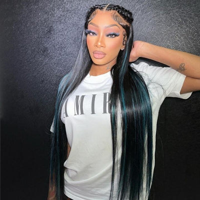 Funky Colored Wigs | Highlight Bluish Green Straight HD Transparent Lace Wig Moeny Piece Colored Natural Hairline Human Hair Wigs - Geeta Hair - GeetaHair