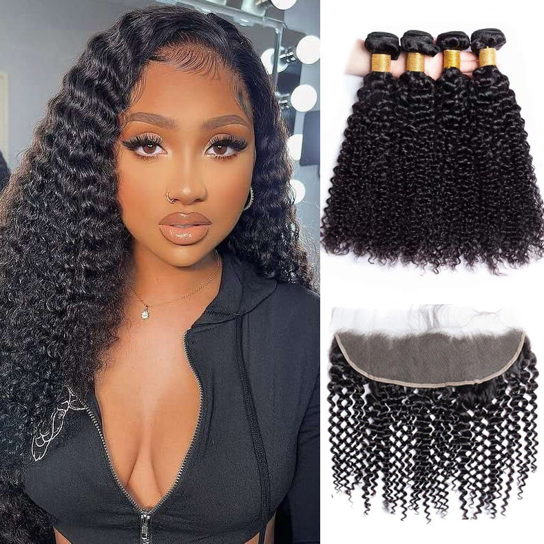 GeetaHair Kinky Curly 4 Bundles With 13x4 Lace Frontal Virgin Human Hair Extensions - GeetaHair