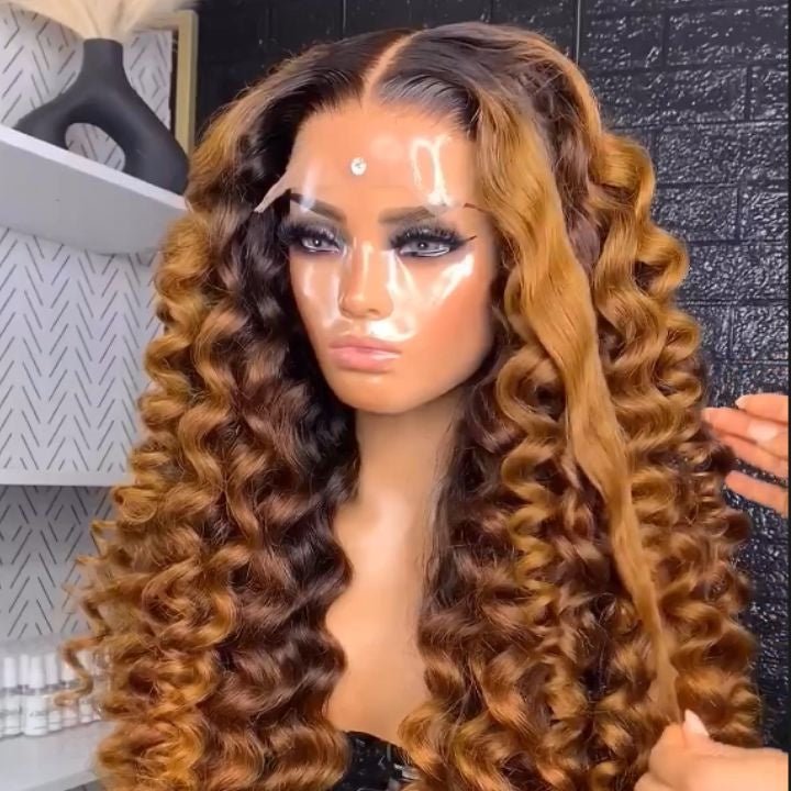 Caramel Brown Water Wave/Wand Curly Lace Front Wig With Dark Root Ombre Color HD Lace Human Hair Wigs for Women - GeetaHair - GeetaHair
