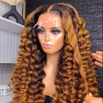 Caramel Brown Water Wave/Wand Curly Lace Front Wig With Dark Root Ombre Color HD Lace Human Hair Wigs for Women - GeetaHair - GeetaHair
