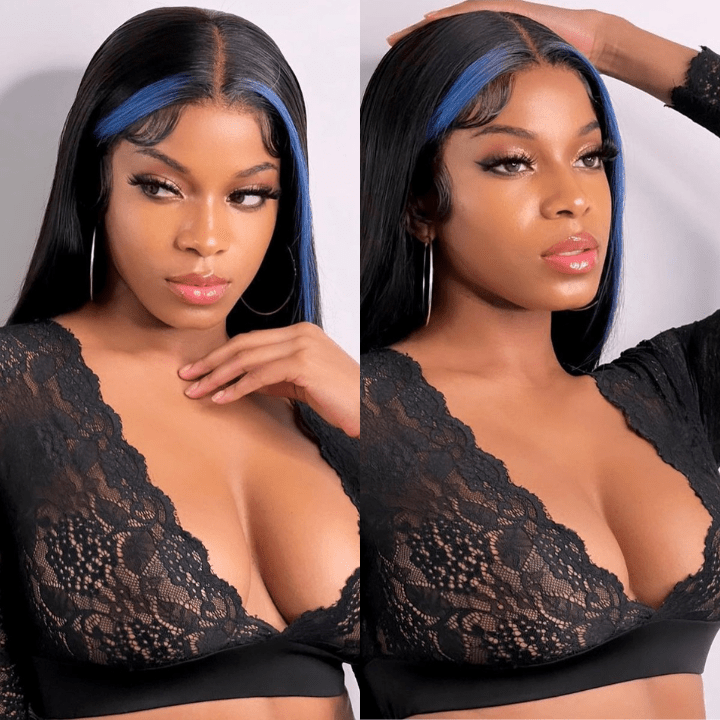 Funky Colored Wigs | Money Piece Highlight Blue 13x4/4x4 Transparent Lace Front Wig Skunk Stripe Straight/Body Wave Lace Color Human Hair Wigs - Geeta Hair - GeetaHair