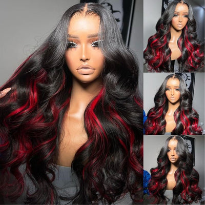 Funky Colored Wigs | Glueless 13x4/6x4.5 Highlight Red Body Wave Pre Cut HD Transaparent Lace Human Hair Wigs - Geeta Hair - GeetaHair