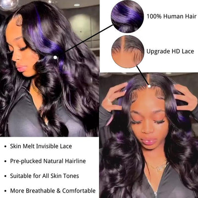 Highlight Black with Purple Body Wave Transparent Lace Front Wig Highlights Colored Glueless Human Hair Wigs For Women - Geeta Hair - GeetaHair