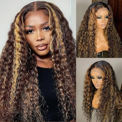 Blonde Balayage On Brown Hair Deep Wave Lace Front Wig Highlaight 13x4/4x4 HD Lace Human Hair Wigs - GeetaHair