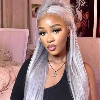 Silver Straight HD Transparent Lace Front Wig Gray Human Hair Wigs Pre Plucked With Baby Hair - GeetaHair