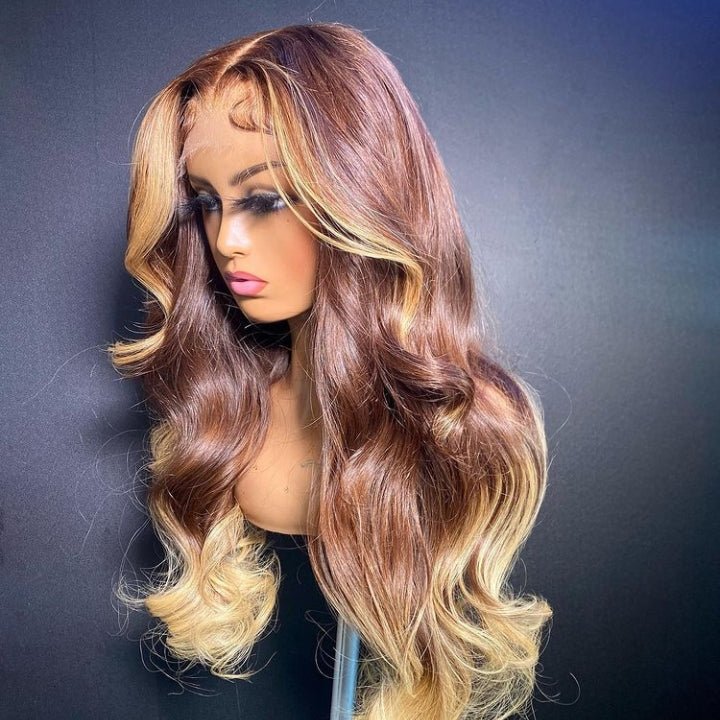 Skunk Stripe Brown With Blonde Body Wave Lace Front Wig Ombre Blonde Highlight Human Hair Wigs - GeetaHair