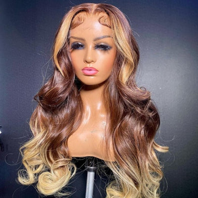 Skunk Stripe Brown With Blonde Body Wave Lace Front Wig Ombre Blonde Highlight Human Hair Wigs - GeetaHair