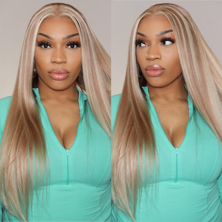 Straight Balayage HD Lace Front Wig Ash Blonde Colored Human Hair Wigs With Highlights - GeetaHair
