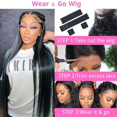 Funky Colored Wigs | Highlight Bluish Green Straight HD Transparent Lace Wig Moeny Piece Colored Natural Hairline Human Hair Wigs - Geeta Hair - GeetaHair
