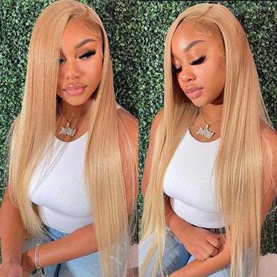 Honey Blonde Straight HD Transparent Lace Front Wig #27 Color Glueless Pre Plucked Hairline Real Human Hair Wigs - GeetaHair