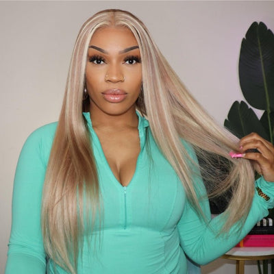Straight Balayage HD Lace Front Wig Ash Blonde Colored Human Hair Wigs With Highlights - GeetaHair