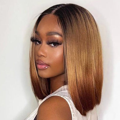Ombre Brown Straight Short HD Lace Front Bob Wig Colored Glueless Human Hair Wigs - GeetaHair