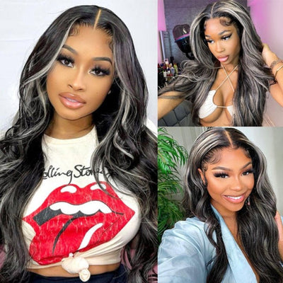 platinum blonde balayage on black hair 4x4/13x4 HD Lace Wig Highlight Body Wave Human Hair Wigs - GeetaHair