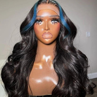 Funky Colored Wigs | Money Piece Highlight Blue 13x4/4x4 Transparent Lace Front Wig Skunk Stripe Straight/Body Wave Lace Color Human Hair Wigs - Geeta Hair - GeetaHair