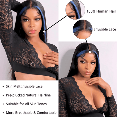 Funky Colored Wigs | Money Piece Highlight Blue 13x4/4x4 Transparent Lace Front Wig Skunk Stripe Straight/Body Wave Lace Color Human Hair Wigs - Geeta Hair - GeetaHair