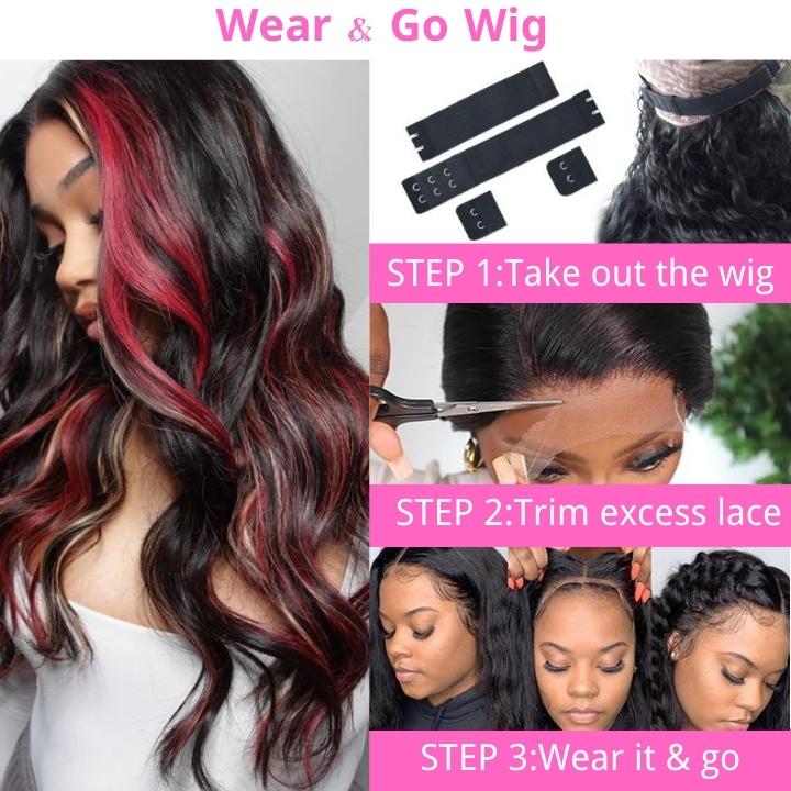 Highlight Black with Red & Blonde Straight/Body Wave 13x4 Lace Front Wig With Multi Color Highlights Loose Wave Human Hair Wigs - GeetaHair - GeetaHair