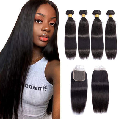GeetaHair Straight Hair 4 Bundles with 4x4 Lace Closure 100% Unprocessed Human Hair - GeetaHair