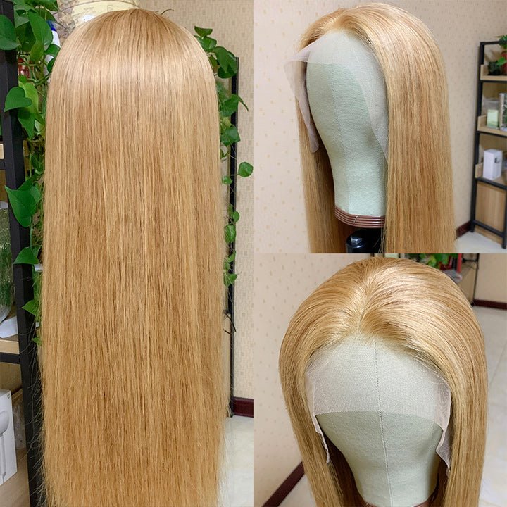 Honey Blonde Straight HD Transparent Lace Front Wig #27 Color Glueless Pre Plucked Hairline Real Human Hair Wigs - GeetaHair