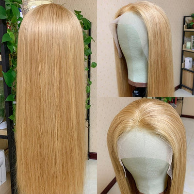 Honey Blonde Straight HD Transparent Lace Front Wig #27 Color Glueless Pre Plucked Hairline Real Human Hair Wigs - GeetaHair