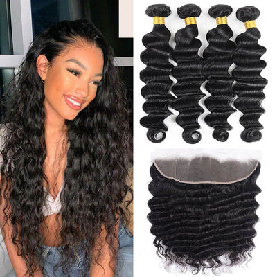 GeetaHair Loose Deep Wave 4 Bundles With 13x4 Lace Frontal 100% Unprocessed Human Hair - GeetaHair