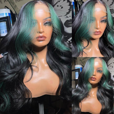 Funky Colored Wigs | Glueless 13x4/6x4.5 Money Piece Mint Green Body Wave HD Transaparent Pre Cut Lace Human Hair Wigs With Breathable Cap Skunk Stripe Air Wig - Geeta Hair - GeetaHair