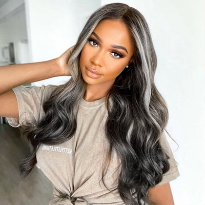 platinum blonde balayage on black hair 4x4/13x4 HD Lace Wig Highlight Body Wave Human Hair Wigs - GeetaHair