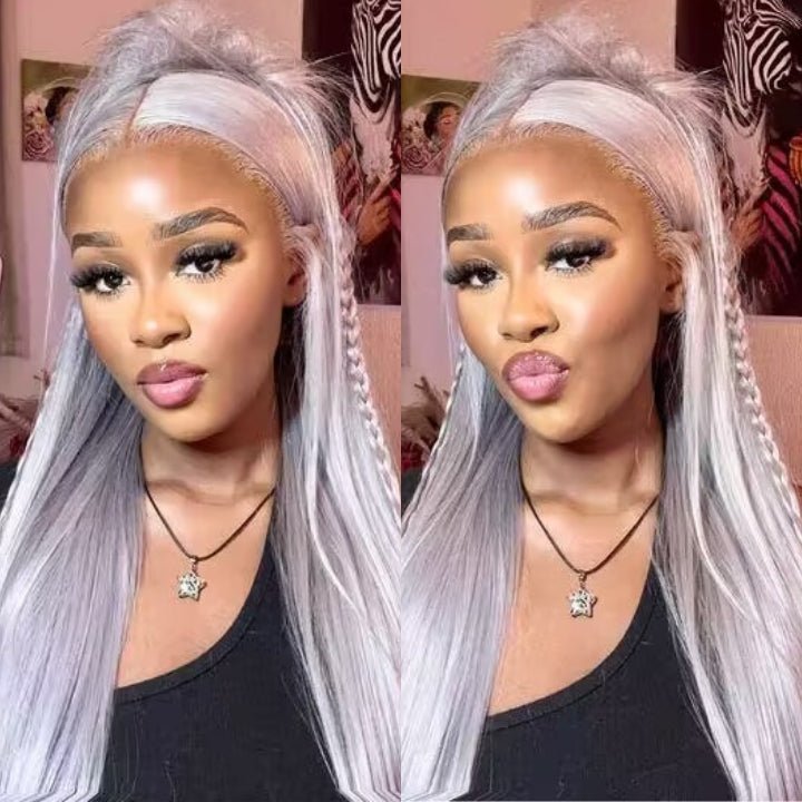 Silver Straight HD Transparent Lace Front Wig Gray Human Hair Wigs Pre Plucked With Baby Hair - GeetaHair