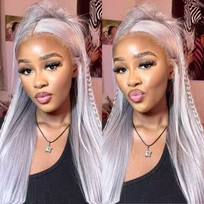 Silver Straight HD Transparent Lace Front Wig Gray Human Hair Wigs Pre Plucked With Baby Hair - GeetaHair