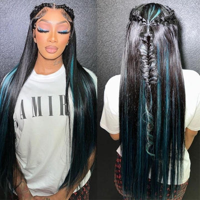 Funky Colored Wigs | Highlight Bluish Green Straight HD Transparent Lace Wig Moeny Piece Colored Natural Hairline Human Hair Wigs - Geeta Hair - GeetaHair