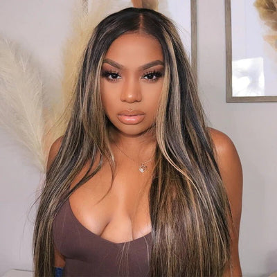 Balayage Straight Hair Honey Blonde 13x4/4x4 Lace Front Wig Face Frame Highlights Human Hair Wigs - GeetaHair