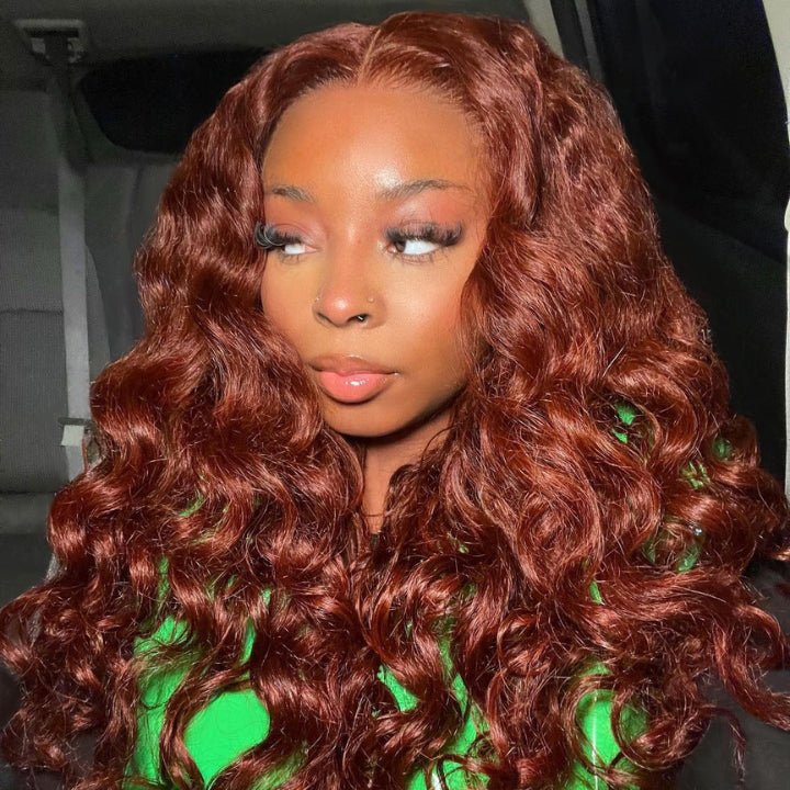 Reddish Brown Body Wave Undetectable HD Lace Front Wig Dark Auburn Pre Plucked with Baby Hair Wigs - GeetaHair