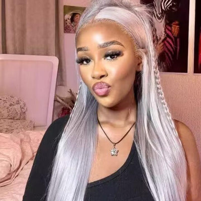 Silver Straight HD Transparent Lace Front Wig Gray Human Hair Wigs Pre Plucked With Baby Hair - GeetaHair