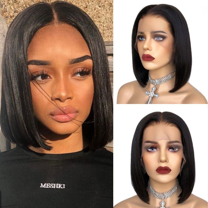 Short Straight Glueless HD Lace Front Bob Wig Natural Black Pre Plucked Human Hair Bob Wigs - Geetahair - GeetaHair