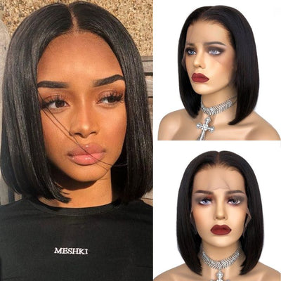 Short Straight Glueless HD Lace Front Bob Wig Natural Black Pre Plucked Human Hair Bob Wigs - Geetahair - GeetaHair