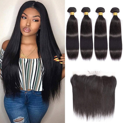 Geetahair Long Straight Hair 4 Bundles With 13x4 Lace Frontal 100% Unprocessed Human Hair No Tangles - GeetaHair