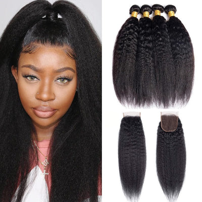 Geetahair Kinky Straight Hair 4 Bundles With 4x4 Lace Closure Human Hair Extensions - GeetaHair