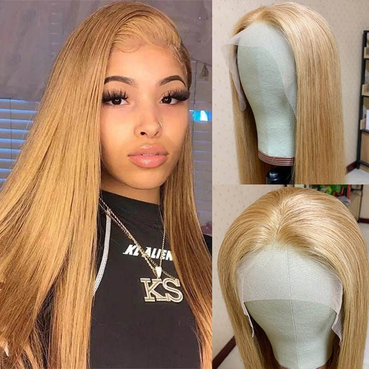 Honey Blonde Straight HD Transparent Lace Front Wig #27 Color Glueless Pre Plucked Hairline Real Human Hair Wigs - GeetaHair