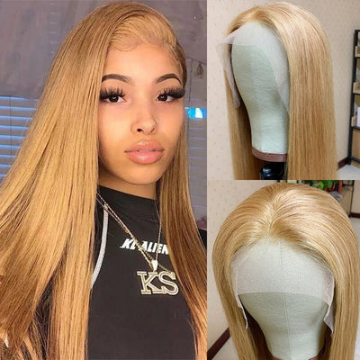 Honey Blonde Straight HD Transparent Lace Front Wig #27 Color Glueless Pre Plucked Hairline Real Human Hair Wigs - GeetaHair