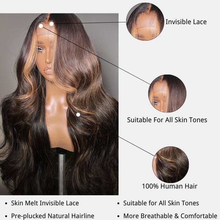 Geeta Money Piece Brown Body Wave HD Transparent Lace Front Wigs Glueless Skunk Stripe Color Human Hair Wigs - GeetaHair