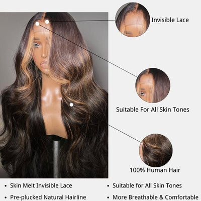 Geeta Money Piece Brown Body Wave HD Transparent Lace Front Wigs Glueless Skunk Stripe Color Human Hair Wigs - GeetaHair