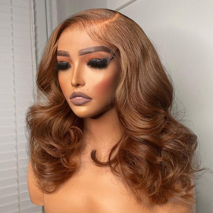 Brown Body Wave Human Hair Bob Wigs Colored Medium Length Transparent Lace Bob Wig - GeetaHair