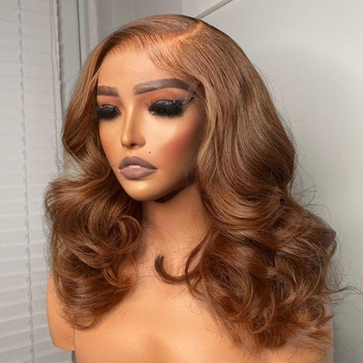 Brown Body Wave Human Hair Bob Wigs Colored Medium Length Transparent Lace Bob Wig - GeetaHair