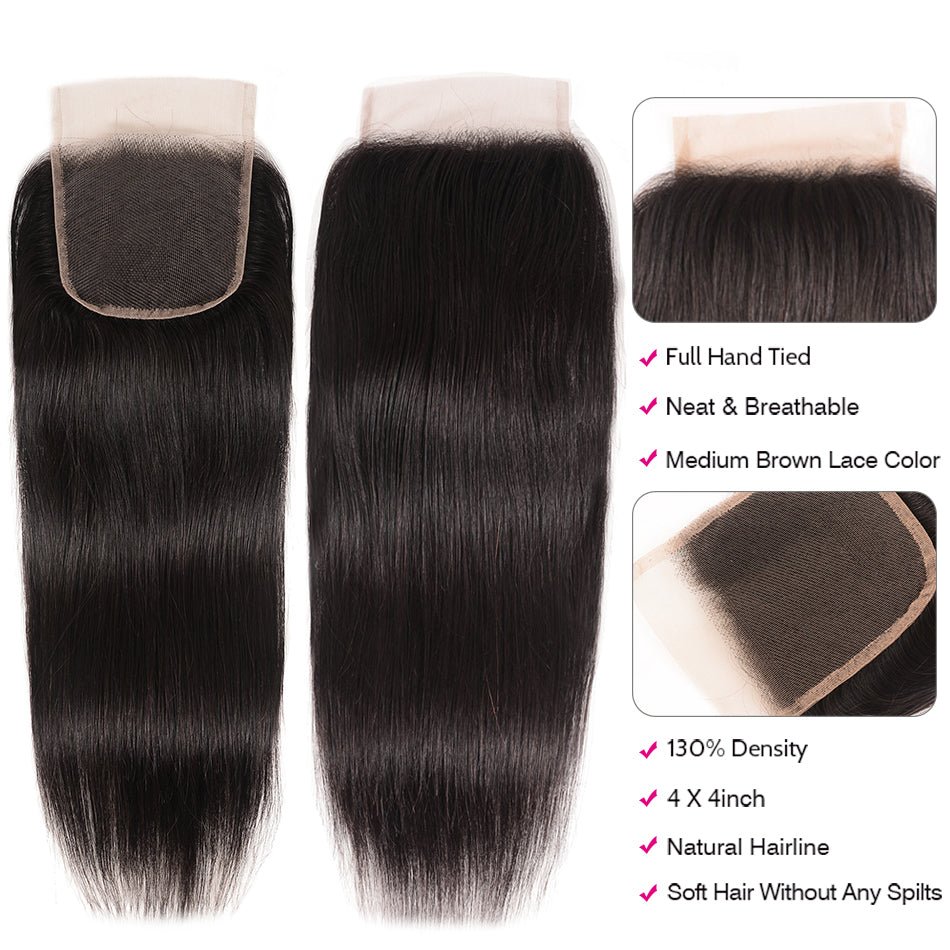 GeetaHair Straight Hair 4 Bundles with 4x4 Lace Closure 100% Unprocessed Human Hair - GeetaHair
