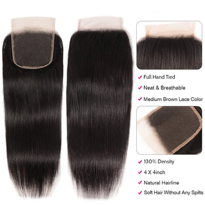 GeetaHair Straight Hair 4 Bundles with 4x4 Lace Closure 100% Unprocessed Human Hair - GeetaHair